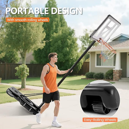Sweetcrispy Portable Basketball Hoop Outdoor 6.1-10FT Adjustable Height, 44 Inch Shatterproof Backboard/Shock Absorbent Rim, Fillable Base, 2 Wheels for Backyard/Driveway