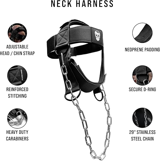 Gymreapers Neck Harness Weight Lifting - Neck Trainer Workout Equipment - Heavy Duty Stainless Steel Chain, Adjustable Neoprene Head Strap, Exercise Equipment for Strength & Pain Relief