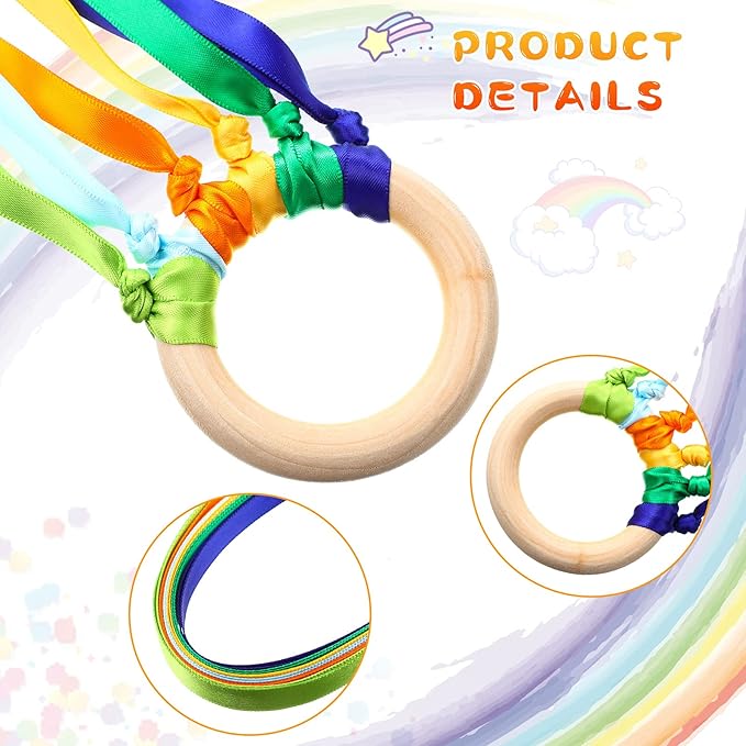 12 Pcs Rainbow Ribbon Wooden Waldorf Toys Creative Waldorf Hand Kite Set Streamers with Wood Ring Sensory Learning Educational Toy for Playroom Dancing Birthday (Bright Color)