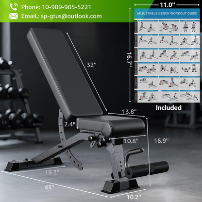 Adjustable Weight Bench for Home Gym, Heavy-Duty Incline Decline Bench with 12 Backrest Positions