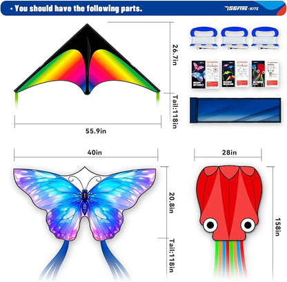 3 Piece Set Butterfly Delta Octopus Kites for Kids and Adults，Easy to Fly for Outdoor Adults Children Line Kite for Kids Toy (Gradient Grassland Rainbow+Octopus Red+Blue Dreamy Butterfly, 3)