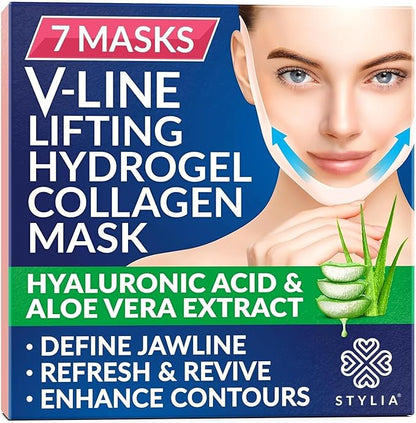Stylia V Line Lifting Collagen Face Mask - Double Chin Strap for Women - Jawline Shaper Face Lift Tape - Neck Lift Collagen Mask - Chin Strap for Sleeping - Hyaluronic Acid, Aloe Vera, Cica 7PC