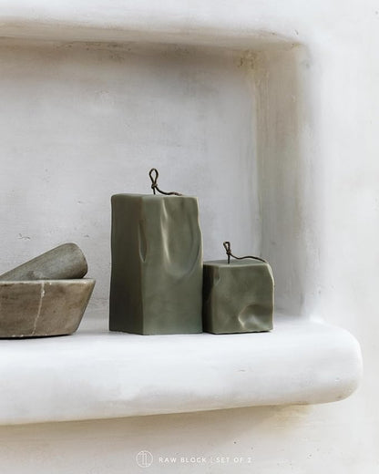 LAWA Raw Block Set of 2 Candle - Beautiful Handmade Pillar Scented Soy Wax Elegant Aesthetic Candle Housewarming Gift Home Room Shelf Decor Idea (Earthy Green, Set of 2)
