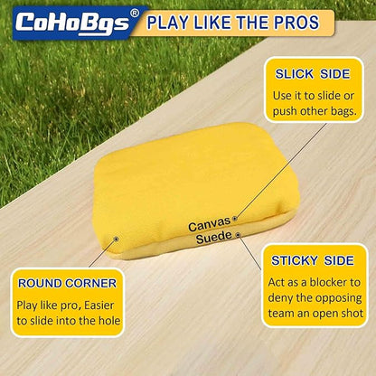 CoHoBgs Corn Hole Bags Set 8, Professional Cornhole Bags Dual-Sided Slick & Stick Resin Filled Suede and Duck Canvas Bean Bag for Cornhole Game Includes Carry Case