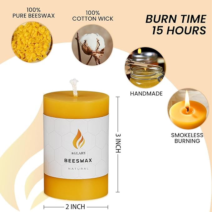 3PCS Beeswax Pillar Candles,Large Handmade Pure Beeswax Candle,Long Lasting Burn Time，Unscented Smokelessï¼? * 3",20H, Raw