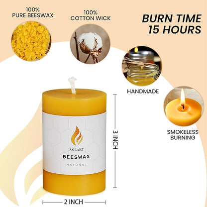 3PCS Beeswax Pillar Candles,Large Handmade Pure Beeswax Candle,Long Lasting Burn Time，Unscented Smokelessï¼? * 3",20H, Raw