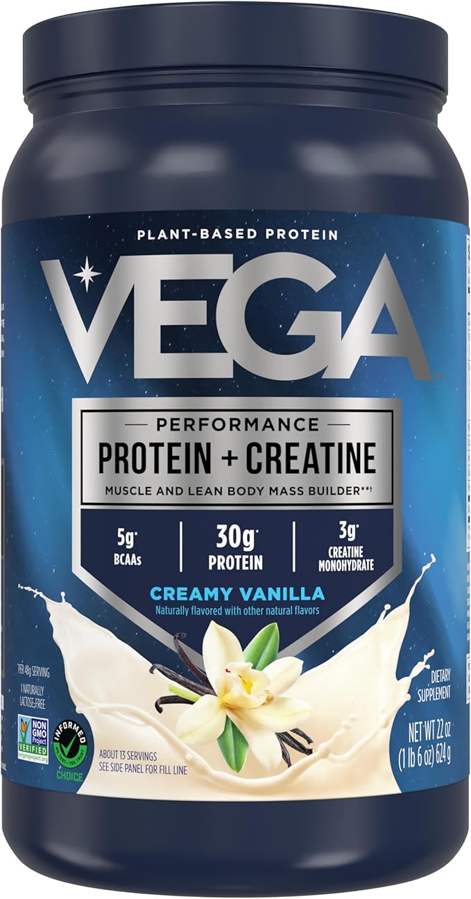 Vega Protein + Creatine - 30g Plant-Based Protein, Vanilla, 13 Servings, 3g Creatine, 5g BCAAs, Vegan, Keto, Gluten Free, Dairy Free, Low Carb, for Muscle Growth & Repair, Drink Mix, 22oz