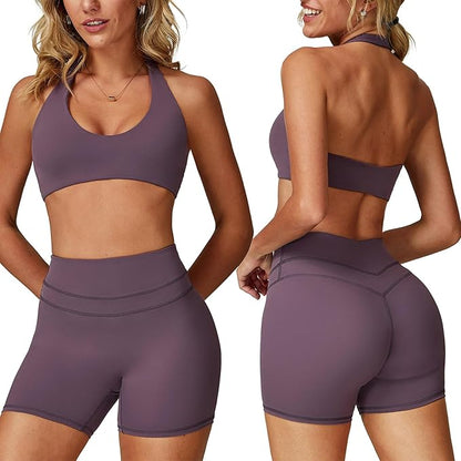 Two piece yoga short set for women with Halter top and gym short Matching workout sets for yoga,Pilates,run