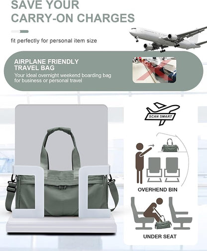 Gym Bag for Women Men, Sport Duffel Bag with Toiletry Bag & Shoe Compartment,Waterproof Travel Weekender Overnight Carry on Bag for Yoga with Trolley Sleeve, Green Set