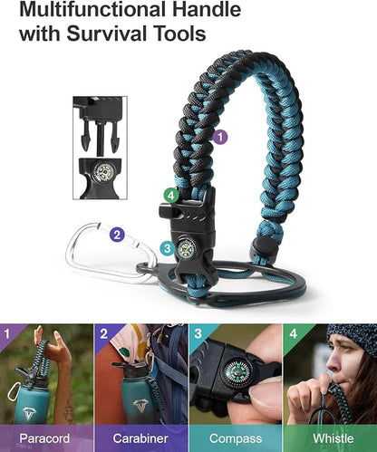 32oz Insulated Water Bottle,Stainless Steel Vacuum Water Bottle, BPA-Free & Leakproof -with Paracord Handle,Strap,Straw Spout Lids,Large Water Jug for Gym Sports