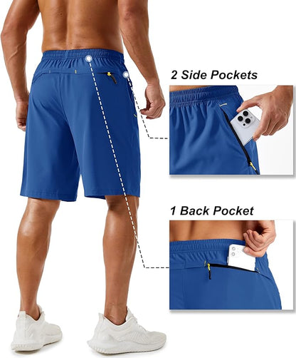 TACVASEN Men's Running Athletic Shorts 9" Quick Dry Workout Gym Shorts Lightweight Summer Shorts 3 Zipper Pockets
