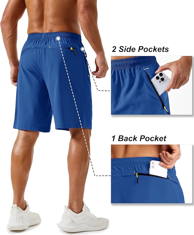 TACVASEN Men's Running Athletic Shorts 9" Quick Dry Workout Gym Shorts Lightweight Summer Shorts 3 Zipper Pockets