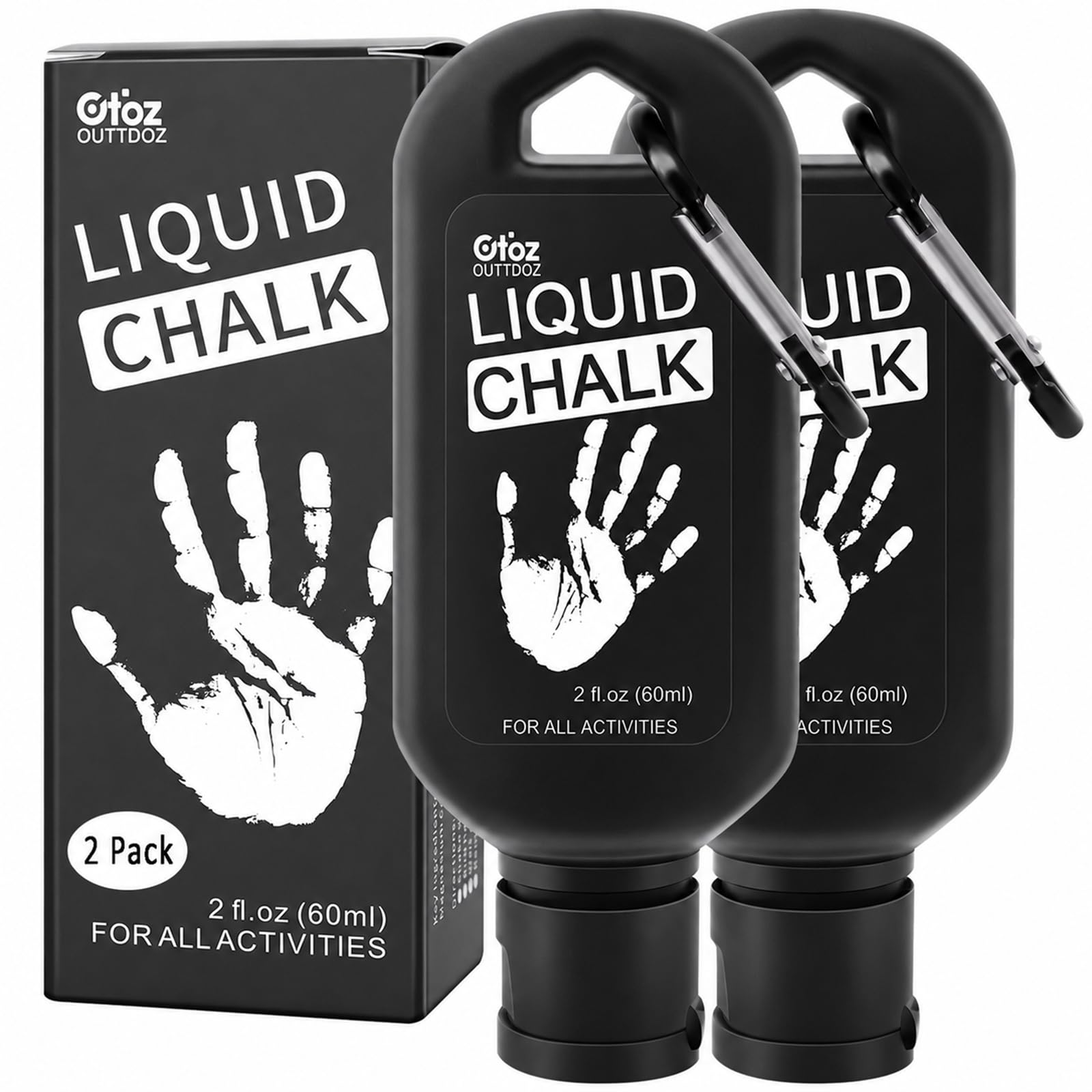 OUTTDOZ Liquid Chalk 2 Pack, 2 oz Gym Chalk with Carabiner Bottles & Retail Box, Mess-Free