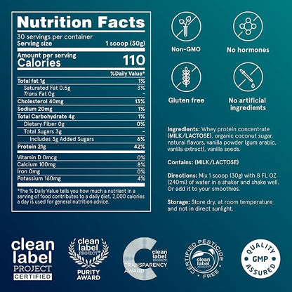 Puori Whey Protein Powder - Bourbon Vanilla - PW1 Pasture Raised, Grass-Fed & Non-GMO - 100% Natural and Pure for Muscle Growth - 21g Protein 1.98lbs - Gluten-Free