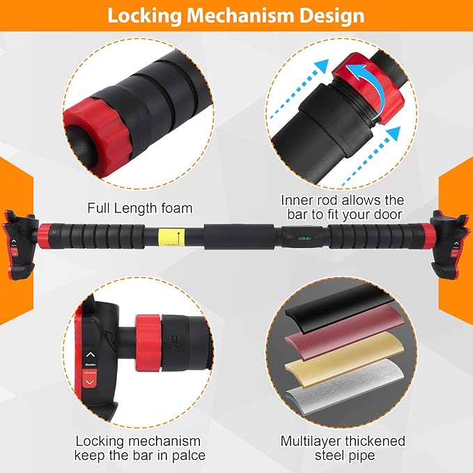 Adjustable Pull Up Bar for Doorway - 440LBS Weight Capacity, No Screws Installation with Level Meter and Auto Lock, Chin Up Bar for Home Gym Strength Training