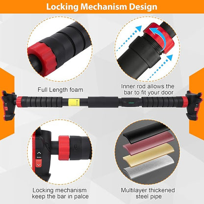 Adjustable Pull Up Bar for Doorway - 440LBS Weight Capacity, No Screws Installation with Level Meter and Auto Lock, Chin Up Bar for Home Gym Strength Training