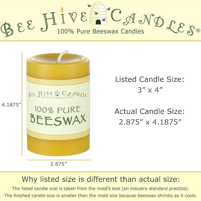 100% Pure Beeswax Pillar Candle (3" x 4") | Natural Beeswax Candles | Soy, Paraffin & Fragrance Free | Handmade in The USA
