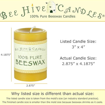 100% Pure Beeswax Pillar Candle (3" x 4") | Natural Beeswax Candles | Soy, Paraffin & Fragrance Free | Handmade in The USA
