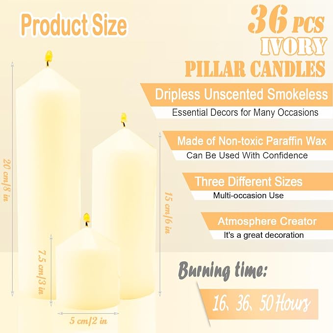36 Pcs Ivory Pillar Candles Bulk Set，Hurricane Candlesï¼? Different Lengths (12 Each)，Dripless Unscented Smokeless，Gives You a Better Atmosphere When Organizing Wedding or Event Party.