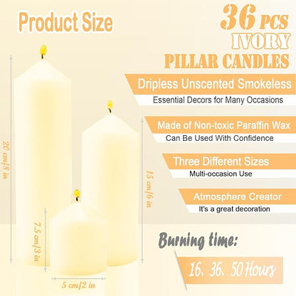 36 Pcs Ivory Pillar Candles Bulk Set，Hurricane Candlesï¼? Different Lengths (12 Each)，Dripless Unscented Smokeless，Gives You a Better Atmosphere When Organizing Wedding or Event Party.