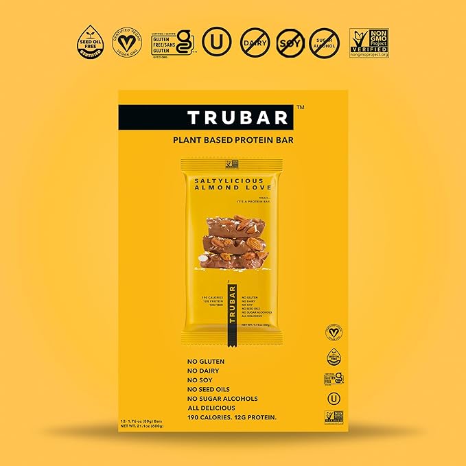 TRUBAR Vegan Protein Bar, Saltylicious Almond Love, Gluten Free, Plant Based, High Fiber, Dairy Free, Low Fat, Non GMO, No Sugar Alcohols, 12G Lean Protein, 13G Fiber, Healthy Snack Bars, 12 CT