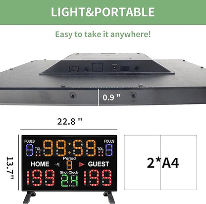 Basketball Digital Scoreboard with Remote,Battery Powered Portable Tabletop Electronic Scoreboard with 75dB Buzzer,Countdown Timer & Score for Games