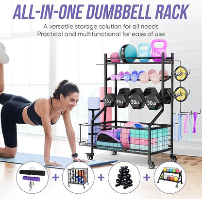 WUC Adjustable Dumbbell Rack, Weight Rack for Home Gym Storage, All-in-One Workout Equipment Storage with Wheels and Hooks for Dumbbells, Kettlebells, Yoga Mats & Balls, Durable Powder Coated Steel