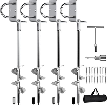 Phopich Multi-Purpose Ground Anchors Screw in, Fully Welded Heavy Duty Trampoline Stakes with Brackets, T-Wrench and Adapter for Drill, Earth Anchor kit for Mobile Home, Trampoline, Shed