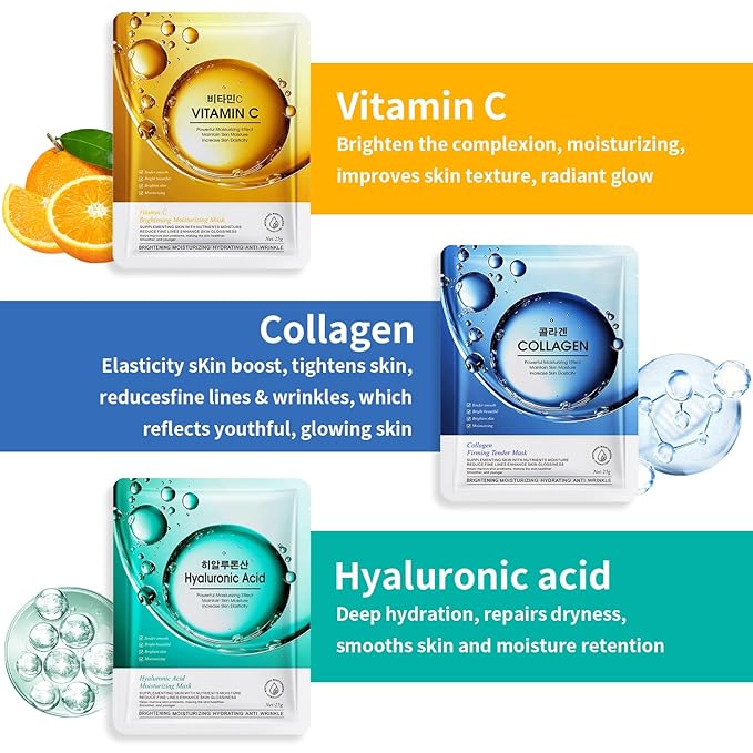 12 Pack Sheet Face Masks Skincare, Collagen Face Mask Hyaluronic Acid Hydrating Face Sheet Masks for Women Skin Care, Vitamin C Face Masks for All Skin Types, Moisturizing, Brightening, Anti-Aging