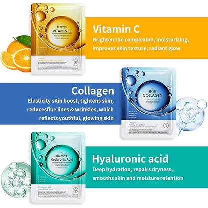 12 Pack Sheet Face Masks Skincare, Collagen Face Mask Hyaluronic Acid Hydrating Face Sheet Masks for Women Skin Care, Vitamin C Face Masks for All Skin Types, Moisturizing, Brightening, Anti-Aging