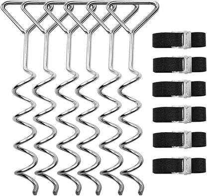 Trampoline Stakes Heavy Duty, High Wind Anchors Tie Down Ground Anchor Kit Stakes, Corkscrew Shape, Galvanized Steel, Anti-Rust, Pack of 6 with 6 Belt, Trampoline Accessories