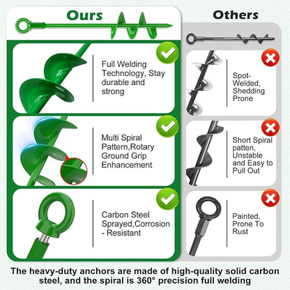 4 Pcs 18" Fully Welded Ground Anchors Shed Anchors Kit with 1/8" Galvanized Cable & Turnbuckles & Carabiners, Heavy Duty Earth Anchors for Sheds Trees Trampoline Greenhouse Swing Set Tent (Green)