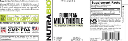 NutraBio European Milk Thistle Supplement, 241mg - Supports Antioxidant Benefits and Wellness, 90 Capsules