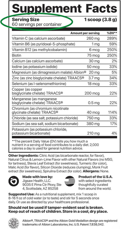 Jigsaw Health Electrolyte Supreme | Broad Spectrum of Electrolytes + Trace Minerals | Lemon-Lime Flavor | 60 Servings (Jar)