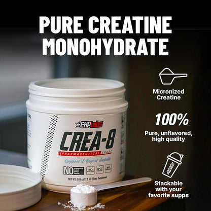 EHP Labs CREA-8 Micronized Creatine Monohydrate Powder - Unflavored Creatine Powder for Muscle Growth, Increased Strength, Enhanced Energy Output and Improved Performance - 100 Servings (500g)