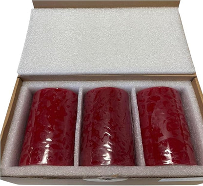 Mister Candle Dripless Unscented Pillar Candles, Set of 3 Hand Poured Solid Color Non-Scented Candles for Home Decor, Premium Wax, 60 Hr Burn Time - 3x4 Inch, Red