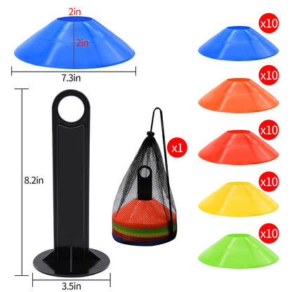 50 Pack Disc Cones, Agility Soccer Cones with Carry Bag and Holder, 5 Color