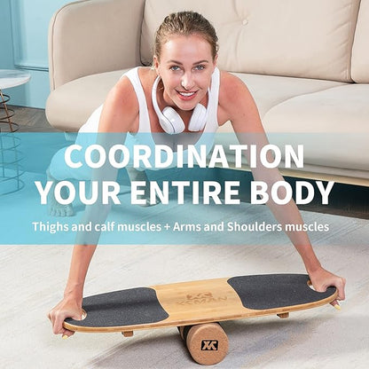 XCMAN Balance Board Surf Trainer with Adjustable Stoppers - 3 Different Distance Options Bamboo Balance Board for Surfing, Snowboarding, Skiing, Skateboarding, Yoga Training