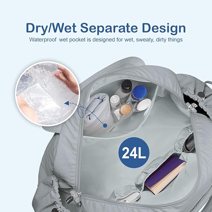 TOPDesign Travel Duffel Bag for Women, Puffer Gym Bag Sports Tote with Wet Pocket, Carry On Weekender with Luggage Sleeve (Light Grey)