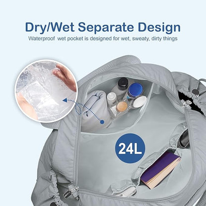 TOPDesign Travel Duffel Bag for Women, Puffer Gym Bag Sports Tote with Wet Pocket, Carry On Weekender with Luggage Sleeve (Light Grey)