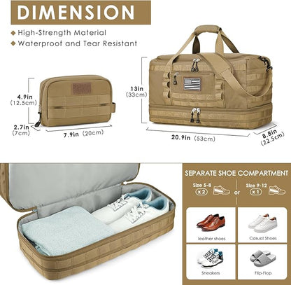 ETRONIK Travel Bag for Men Women, Gym Bag & Tactical Duffle Bags for Travel, Carry on with Toiletry Bag and Shoe Compartment, Weekender Overnight Trip with Wet Pocket for Workout Medical, Brown