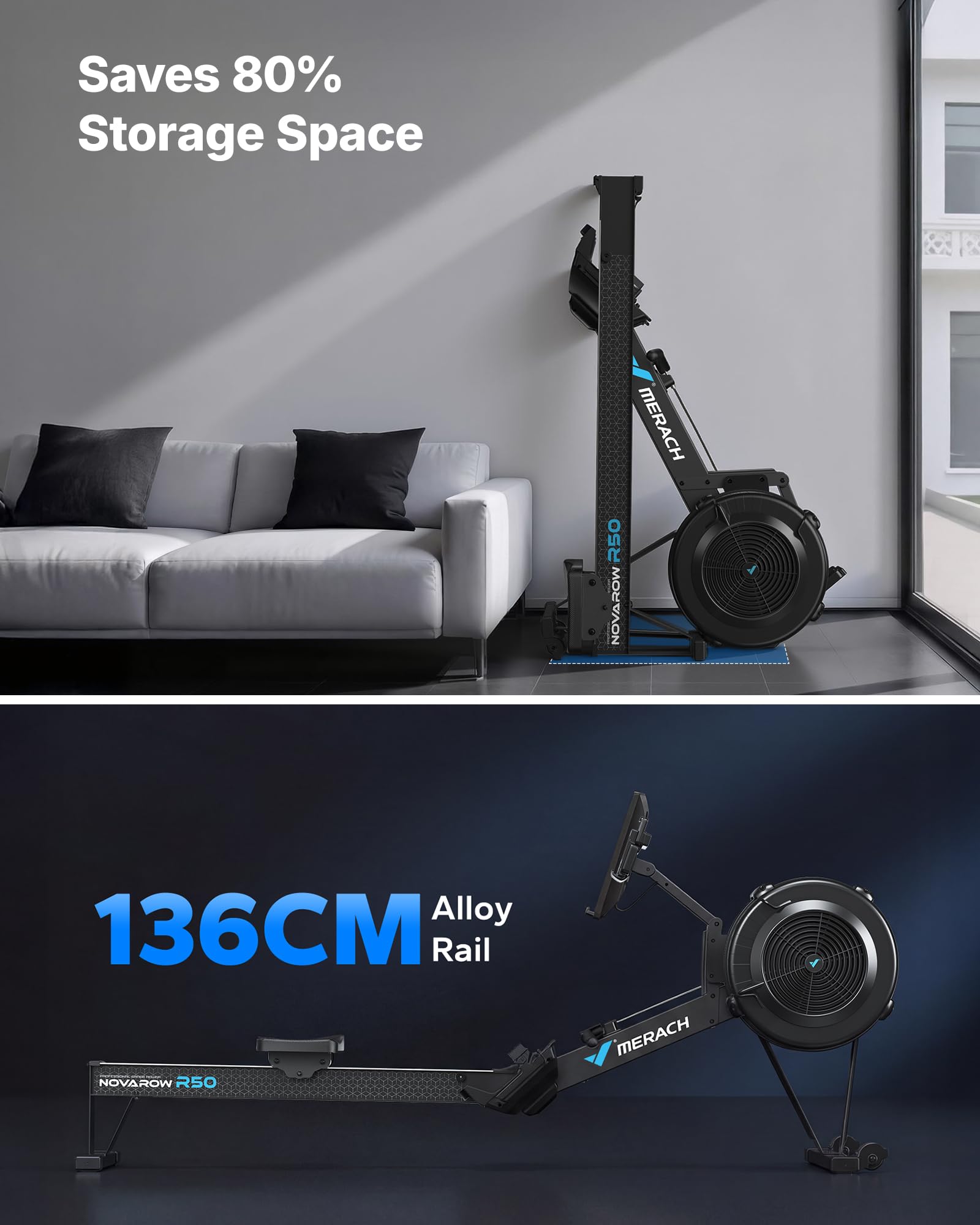 Merach R50 Pro Rowing Machine Indoor, Professional Monitor, Easy Storage