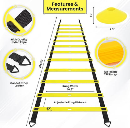 20ft Sports Agility Ladder for Men Women and Kids, Speed Youth Soccer Agility Training Equipment for Football, Exercise, Tennis, Legs Workout with Speed Parachute, Cones and Carry Bag
