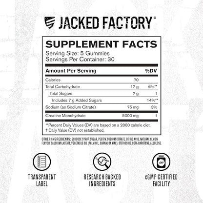 Jacked Factory Creatine Monohydrate Gummies 5g Daily Dose (1g per Gummy) - Creatine Gummy for Men and Women, Vegan-Friendly, Travel-Friendly, Third-Party Tested - 150 Gummies, Lemon