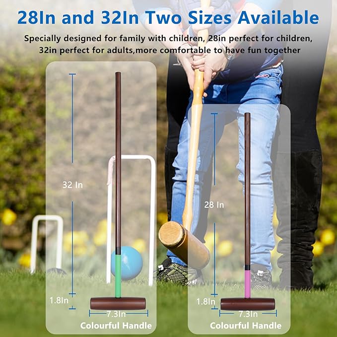 8 Players Croquet Set with 32In Regulation | 28In Standard Size Rubber Wood Mallets, Colored PE Ball, Wickets, 21In End Stakes and Bag - Lawn Backyard Game for Teens/Adults/Family