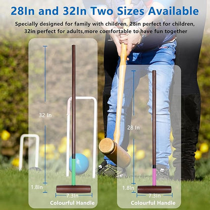 8 Players Croquet Set with 32In Regulation | 28In Standard Size Rubber Wood Mallets, Colored PE Ball, Wickets, 21In End Stakes and Bag - Lawn Backyard Game for Teens/Adults/Family