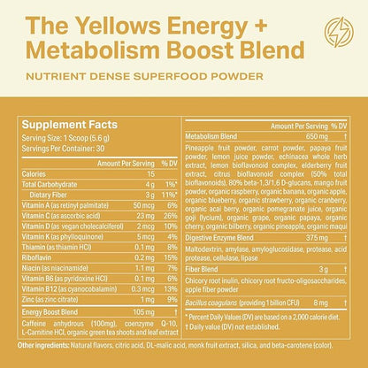 Proper, The Yellows Metabolism and Energy Boost, Sugar Free Energy Drink Powder with 100mg Caffeine. No Creatine or Beta-Alanine. 30 Servings, Pineapple Mango Drink Mix for Men and Women