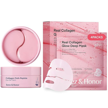 Terez & Honor Collagen Face Mask 4-Pack & Eye Patches 60 Pcs Hydrogel Set - Korean Self Care for Wrinkles, Fine Lines, Pores, Elasticity, Eye Puffiness, Dark Circles - Deep Hydrating, Firming, Glowing