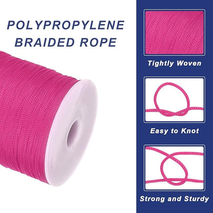 MECCANIXITY 1/16 Inch Polypropylene Rope Braided Ropes, 328ft Nylon Rope Hollow Utility Cord for Clothesline, Camping, Hiking, Outdoor, Rose Red
