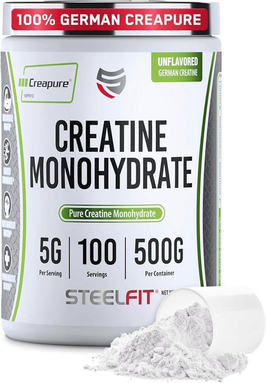 SteelFit Creapure Creatine Monohydrate Powder, Unflavored - German Micronized Creatine Powder for Men & Women - Gym Workout Nutritional Supplements for Muscle Gain, Brain Health & Strength Building